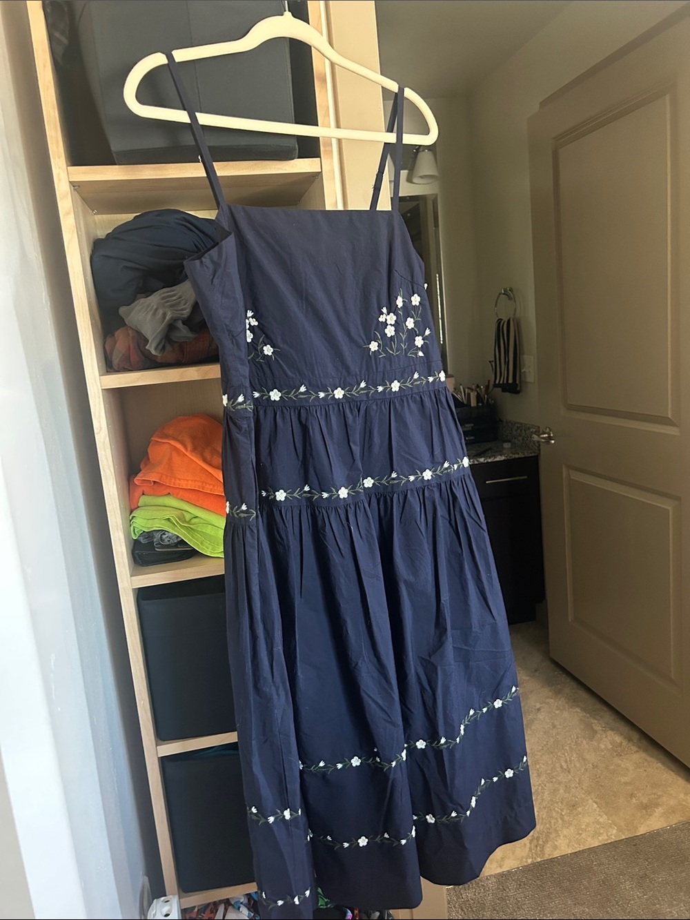 Navy Floral Embroidered Midi Dress